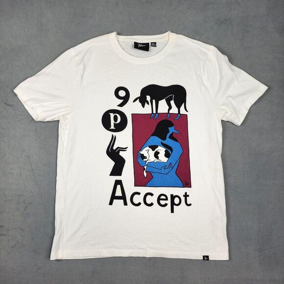 By Parra T-Shirt Accept Cat Lady Men's Size Medium White Short Sleeve Designer - Picture 1 of 8